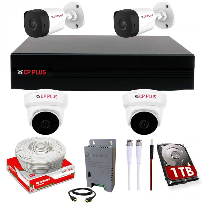 CPPLUS 2.4MP HD WIRED CCTV KIT WITH 4CH DVR/ 2 BULLET CAMERA/2 DOME CAMERA/1TB HARDDISK/AND ACCESSORIES/ MADE IN INDIA/ BLACK